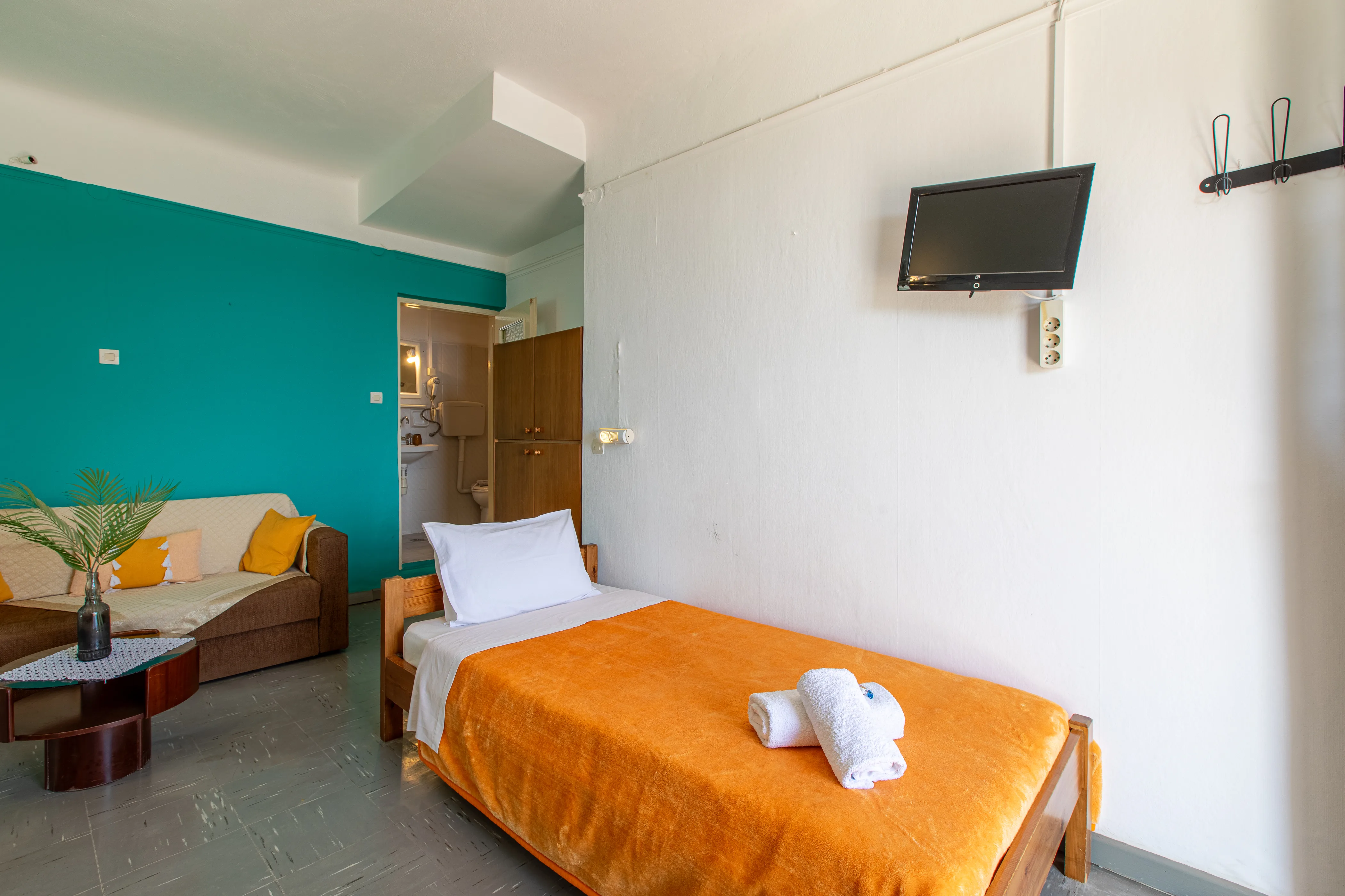 inside view of a room featuring a single bed and a sofa